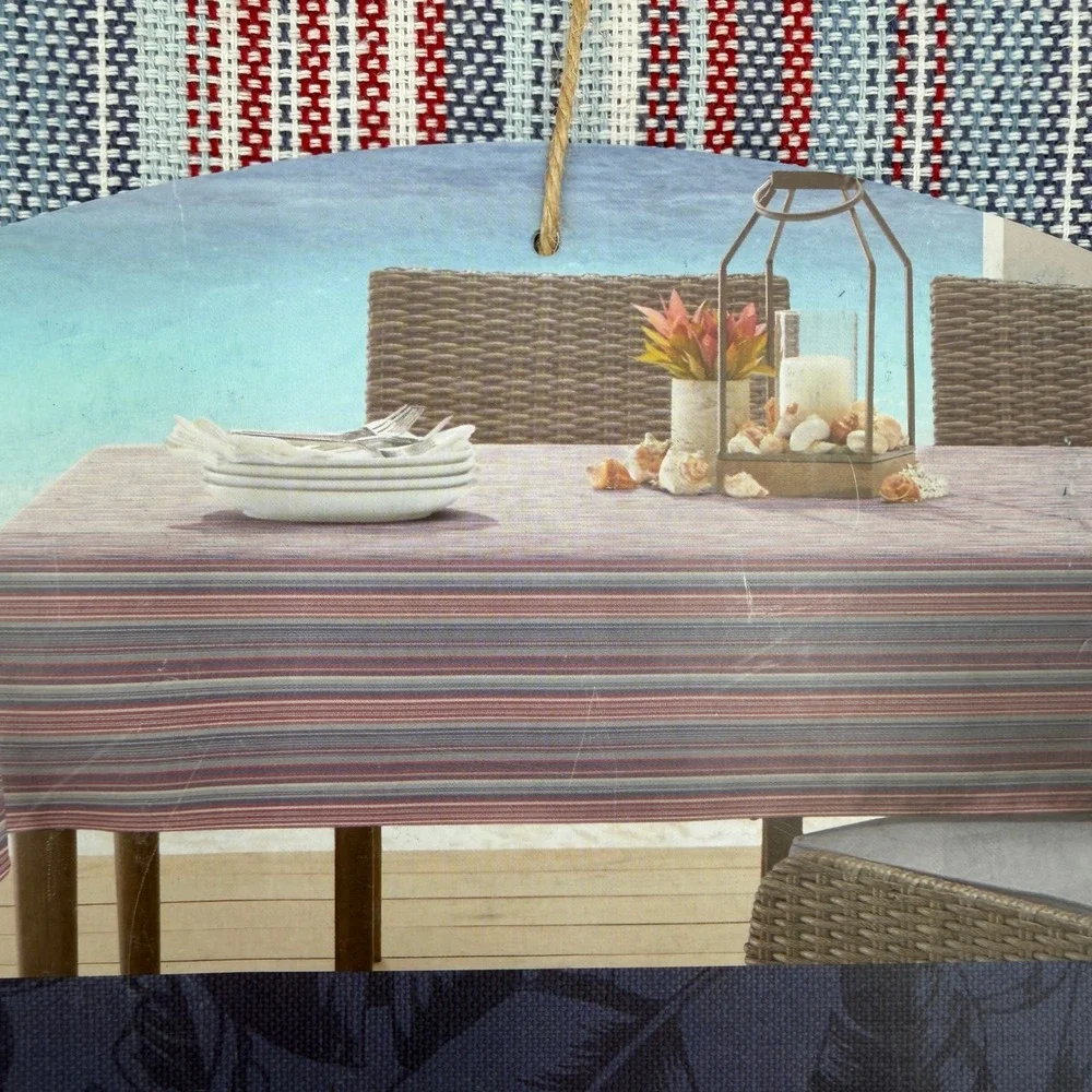 Tommy Bahama Tablecloth 60x104 Blue Red White Striped Coastal Woven Fringed